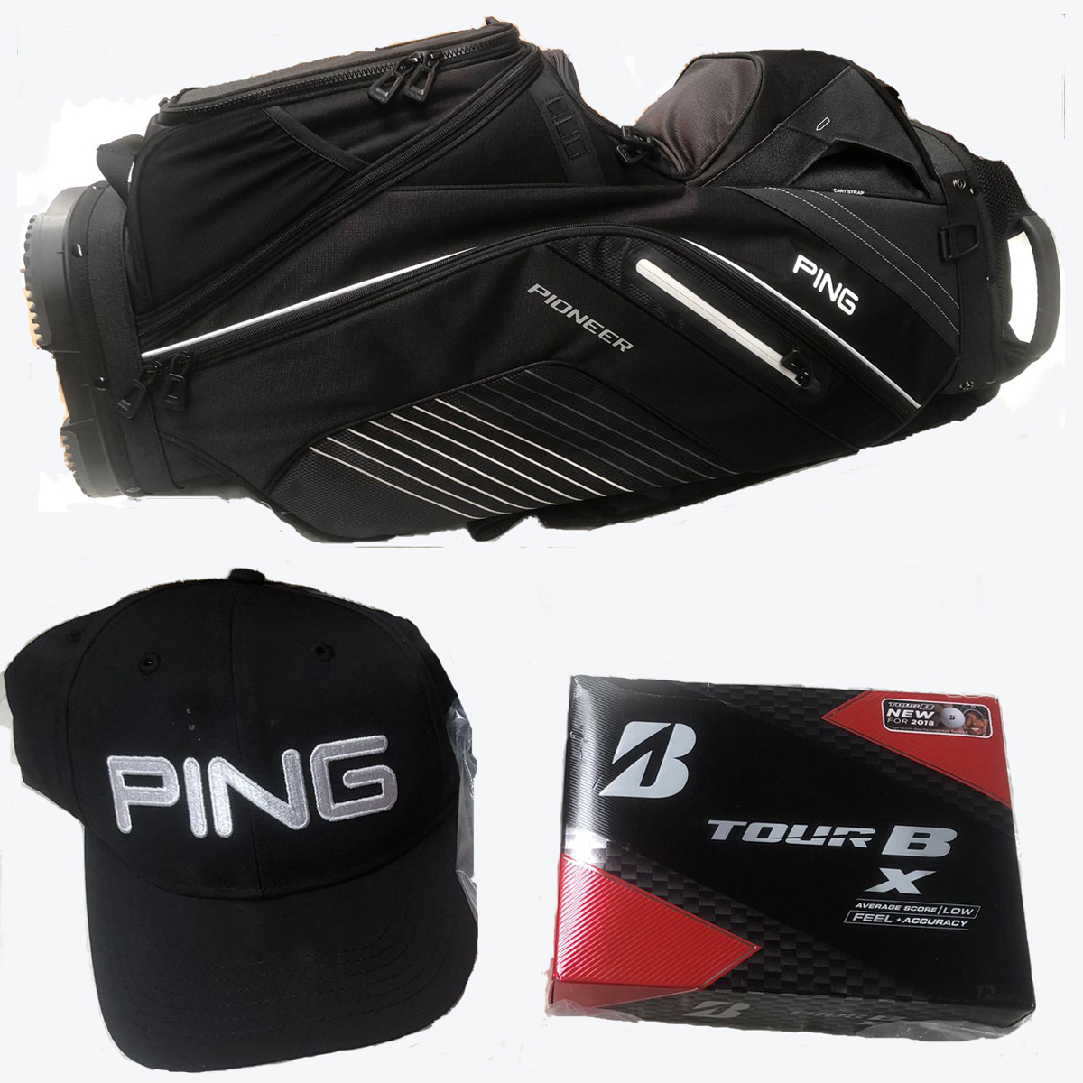 Imagen de Bolsa de Golf PING Poinner + 1 Gorra PING + 1 Docena Bridgestones